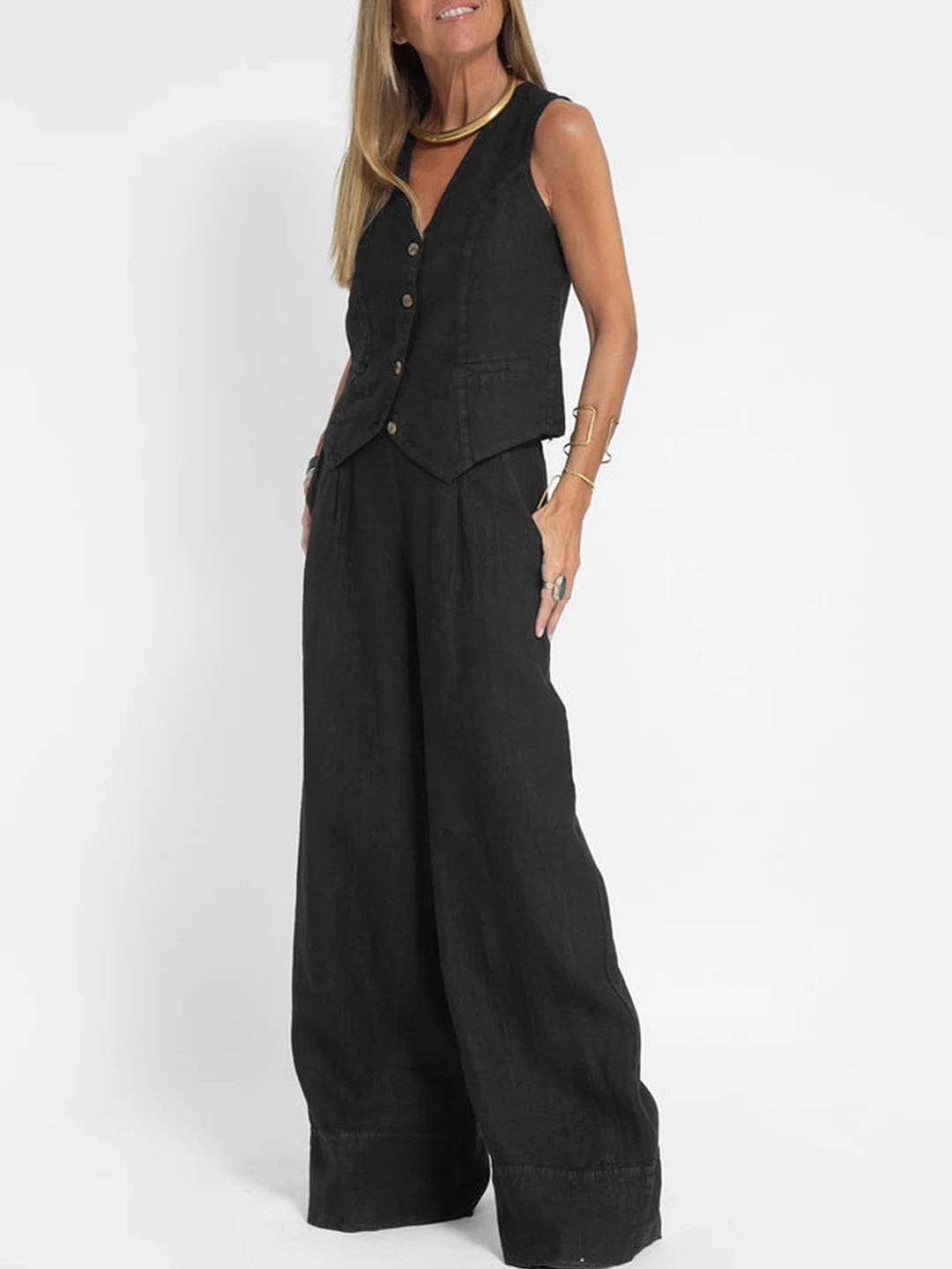 Aira - Buttoned Vest and Wide-Leg Pants Set