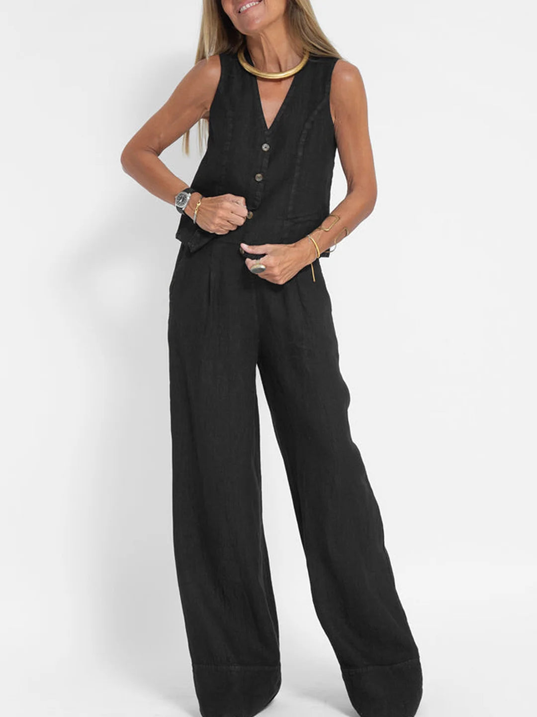 Aira - Buttoned Vest and Wide-Leg Pants Set