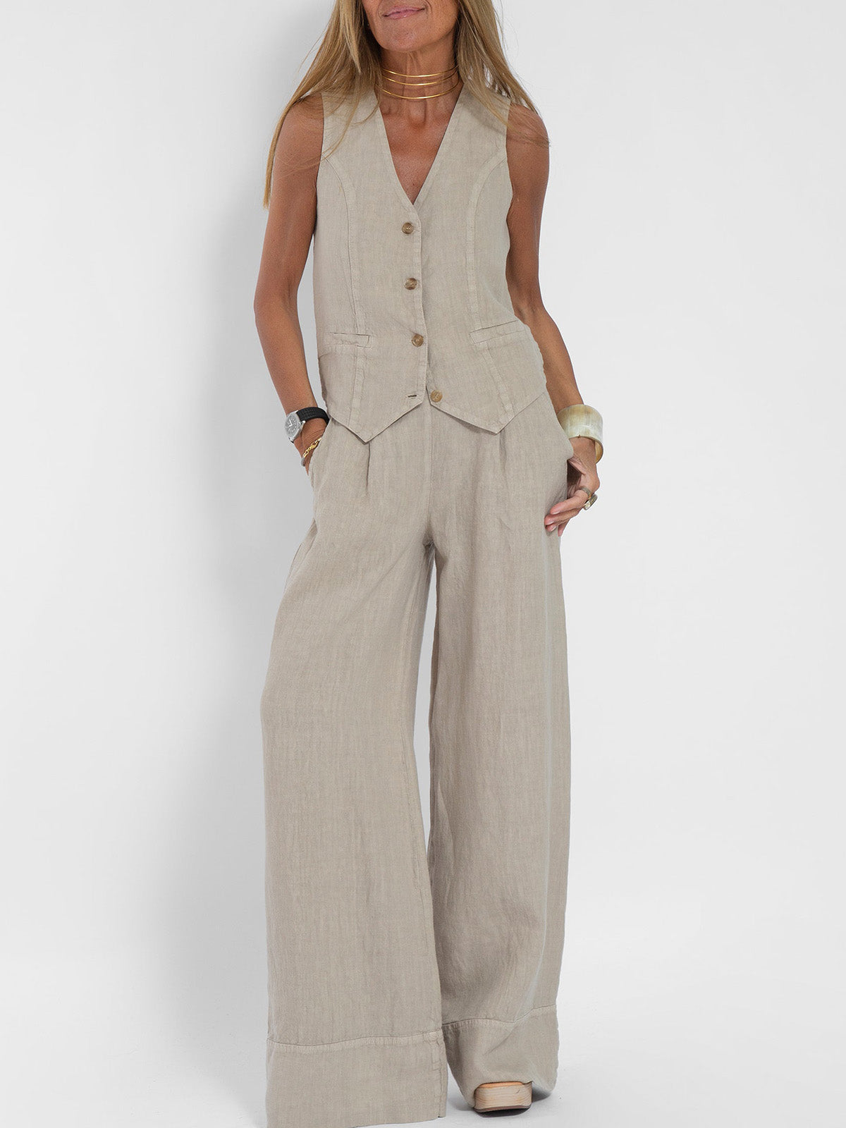 Aira - Buttoned Vest and Wide-Leg Pants Set