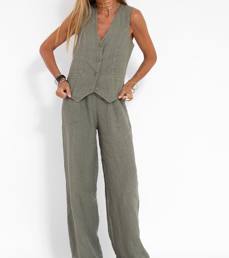Aira - Buttoned Vest and Wide-Leg Pants Set