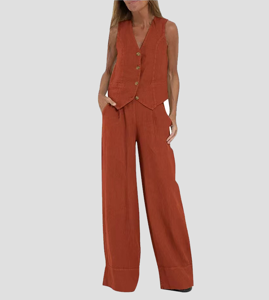 Aira - Buttoned Vest and Wide-Leg Pants Set